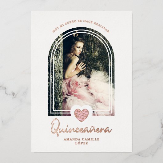 アーチピスペインのンクモダンハート写真キンセアニラ 箔招待状 (正面)