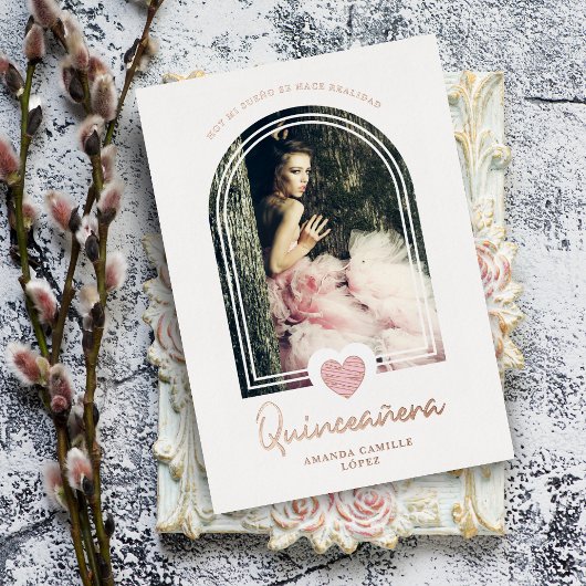 アーチピスペインのンクモダンハート写真キンセアニラ 箔招待状