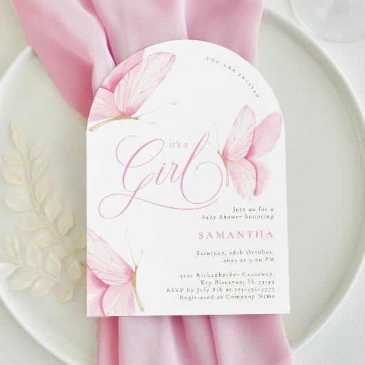 アーチピンクバタフライガールベビーシャワー 招待状