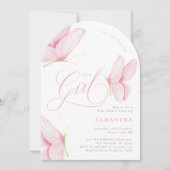 アーチピンクバタフライガールベビーシャワー 招待状 (正面)