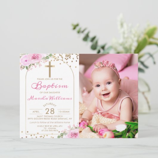 アーチピンクフローラ金ゴールドグリッターガールバプティスフォト 招待状 (スタンド正面)