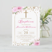 アーチピンクフローラ金ゴールドグリッターガールバプテスマ 招待状 (スタンド正面)