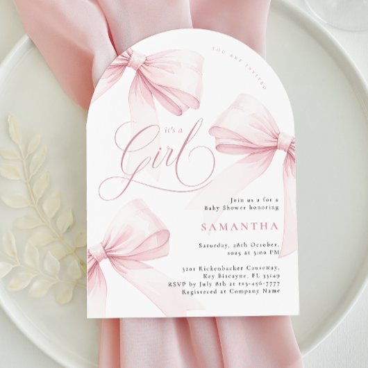 アーチピンクボウガールベビーシャワー 招待状