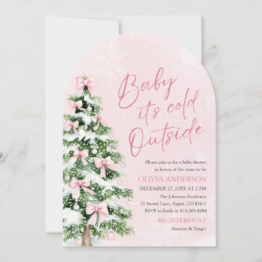 アーチピンクボウベビー外は冷たいベビーシャワー 招待状 (正面)