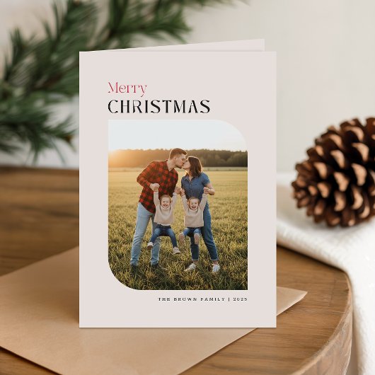 アーチファミリー フォト レッド ブラック 折りたたみ ホリデー カード