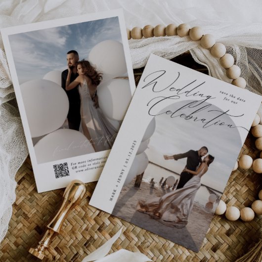 アーチフォトスクリプトタイポグラフィーモダンウェディング セーブザデート