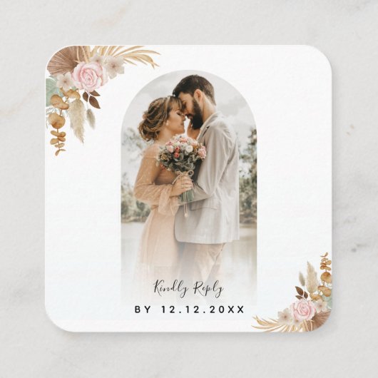 アーチフォトパンパスグラスボホQRコードウェディングRSVP エンクロージャーカード (裏面)