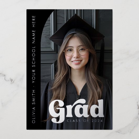 アーチフォトフォイル黒の卒業式の発表 箔招待状 (正面)