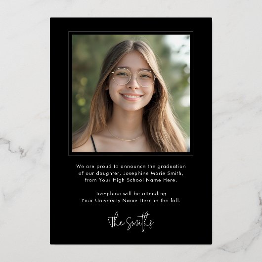 アーチフォトフォイル黒の卒業式の発表 箔招待状 (裏面)