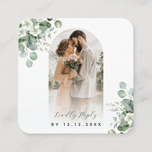 アーチフォトユーカリQRコードオンライン結婚式RSVP エンクロージャーカード (裏面)