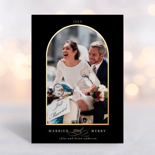 アーチフォト結婚したとフォイルメリーホリデーカード 箔招待状