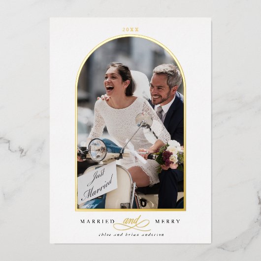 アーチフォト結婚したとフォイルメリーホリデーカード 箔招待状 (正面)