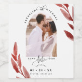 アーチフォト、ブルゴーニュ葉ーズ結婚式の日付を保存 ワインラベル (シングルラベル)