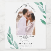 アーチフォト、緑の葉の結婚式の日付を保存 ワインラベル (シングルラベル)