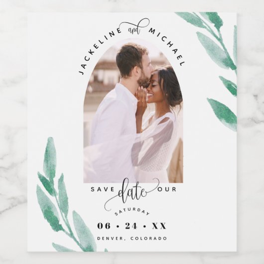 アーチフォト、緑の葉の結婚式の日付を保存 ワインラベル (シングルラベル)