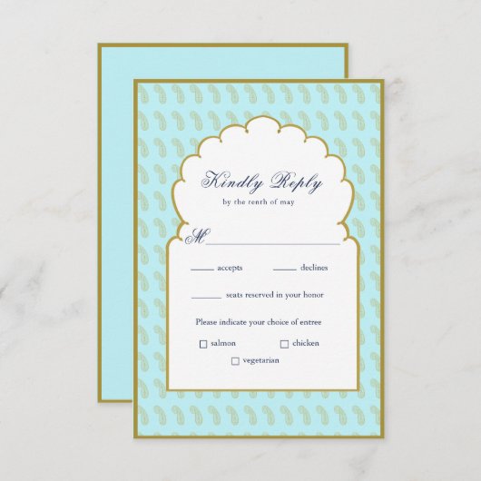 アーチフレームエレガントアクアインディアンウェディングRSVPカード 出欠カード (正面/裏面)