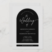 アーチフレームモダンスクリプトQRコードブラック結婚ズ 招待状 (正面/裏面)