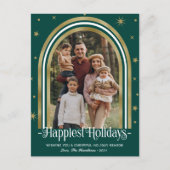 アーチフレームモダンファミリーフォトグリーンホリデーカード シーズンポストカード (正面)