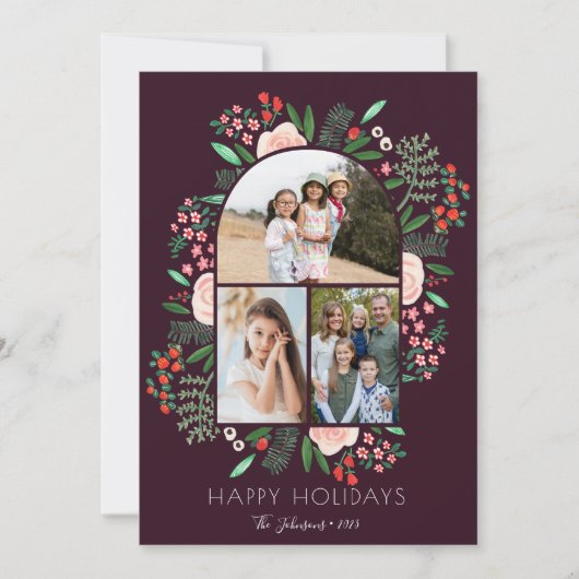 アーチフレームモダンフローラファミリークリスマス3写真 シーズンカード (正面)