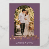 アーチフレーム結婚フォトフォイルの後に幸せに 箔招待状 (正面)