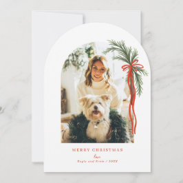 アーチホリデーグリーナリースワッグレッドボウクリスマスフォト 招待状