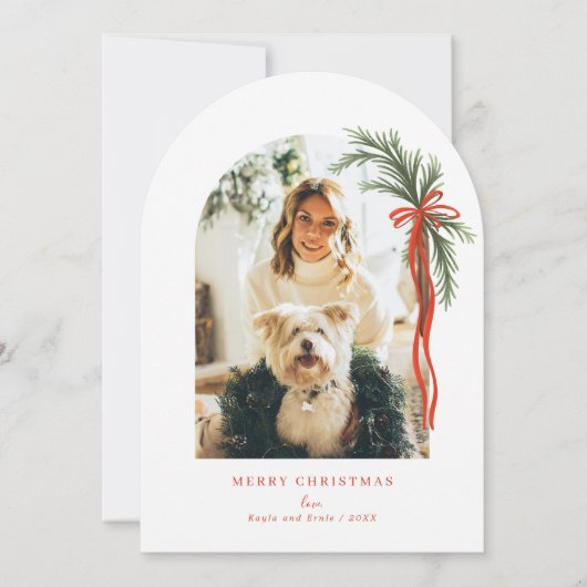 アーチホリデーグリーナリースワッグレッドボウクリスマスフォト 招待状 (正面)