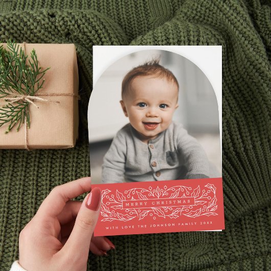 アーチホリークラシックレッドホリデーフォトカード 招待状