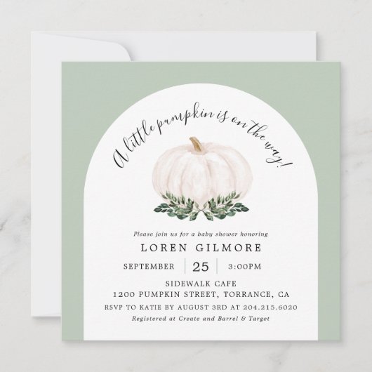 アーチホワイトカボチャ秋ベビーシャワースクエア 招待状 (正面)