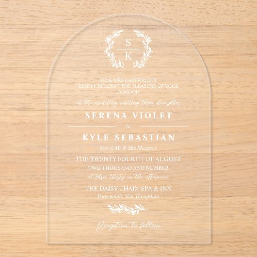 アーチホワイトタイポグラフィリースモノグラム結婚ズ アクリル招待状 (正面)