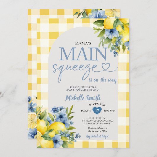 アーチボホママのメインスクイーズレモン赤ちゃんシャワー 招待状 (正面/裏面)
