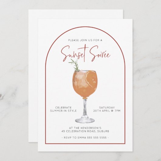アーチミニマリストカクテルサンセットサマーソーリー 招待状 (正面/裏面)