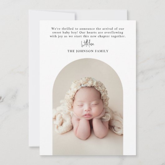 アーチミニマルモダンベビー写真誕生のお知らせ 案内状 (裏面)