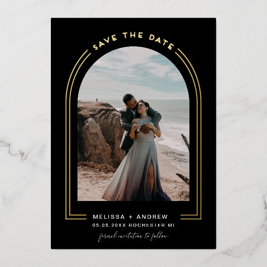 アーチミニマルSave The Date Black Foil招待状 箔招待状 (正面)