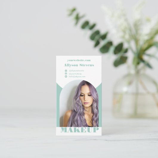 アーチメイクモダンアップ青い写真qrコードロゴ 名刺 (スタンド正面)