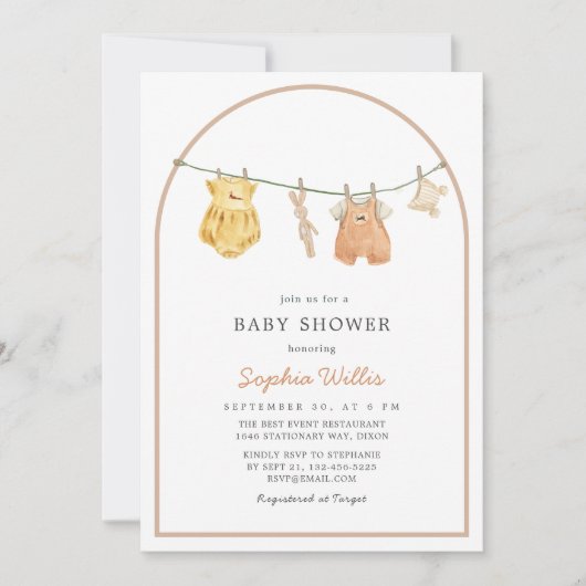 アーチモダンウォーター色シンプル服ベビーシャワー 招待状 (正面)