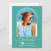 アーチモダンキャップ書道ティール（緑がかった色）卒業 案内状 (正面/裏面)