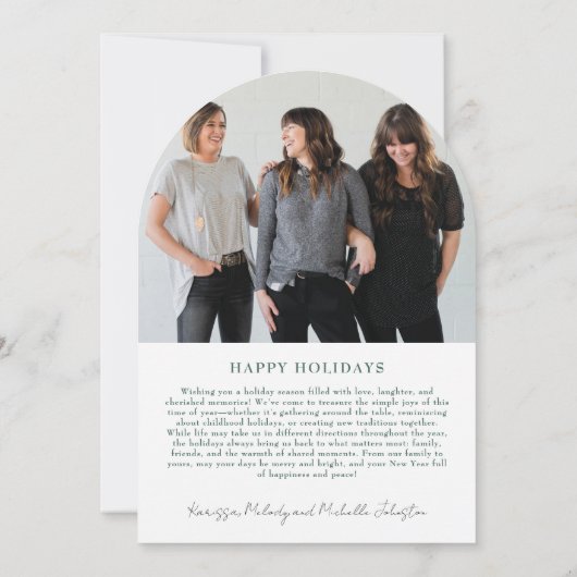 アーチモダングエレガントグリーンボウフォトホリデーカード 招待状 (裏面)