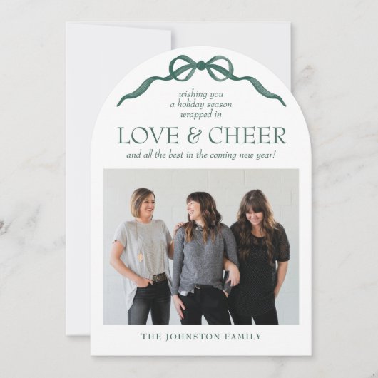 アーチモダングエレガントグリーンボウフォトホリデーカード 招待状 (正面)