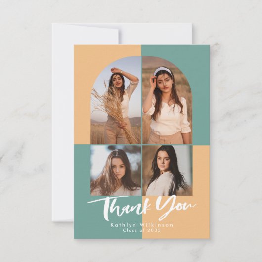 アーチモダングリーンピーチ黄色4写真卒業 サンキューカード (正面)