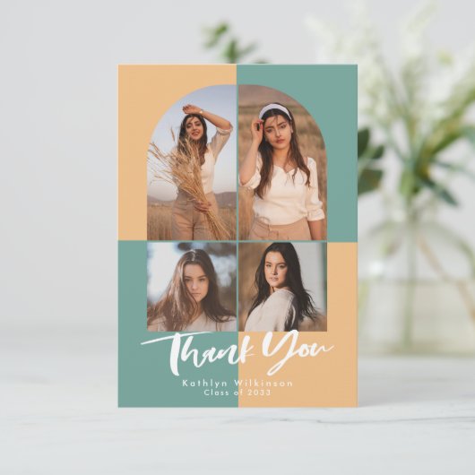 アーチモダングリーンピーチ黄色4写真卒業 サンキューカード (スタンド正面)