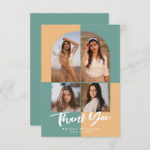 アーチモダングリーンピーチ黄色4写真卒業 サンキューカード (正面/裏面)