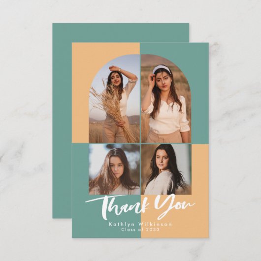 アーチモダングリーンピーチ黄色4写真卒業 サンキューカード (正面/裏面)