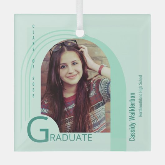 アーチモダングリーンフォト卒業 ガラスオーナメント (正面)