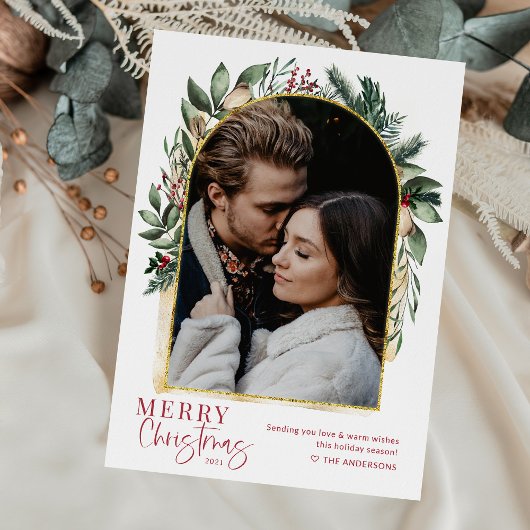 アーチモダングリーンリー金ゴールドメリークリスマス1写真 シーズンカード