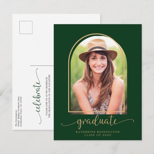 アーチモダングリーン金ゴールド写真卒業パーティー 案内ポストカード (正面/裏面)