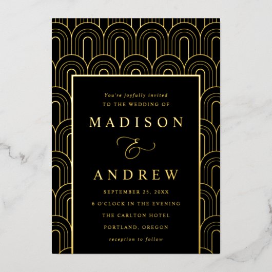 アーチモダンデコブラックと金ゴールドズ結婚 箔招待状 (正面)