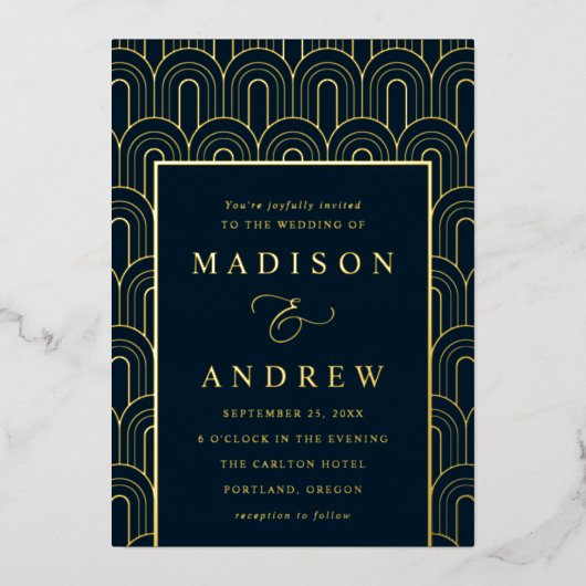 アーチモダンデコ海軍と金ゴールド結婚ズ 箔招待状 (正面)
