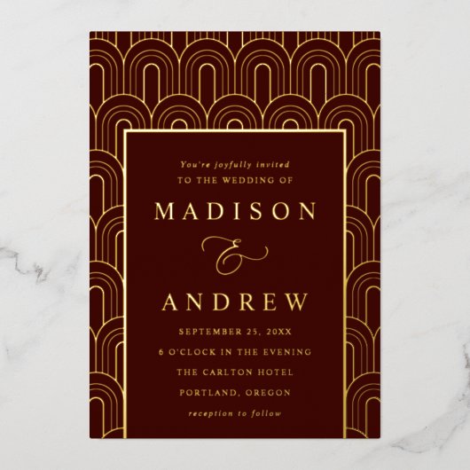 アーチモダンデコ・ブルゴーニュと金ゴールド結婚ズ 箔招待状 (正面)