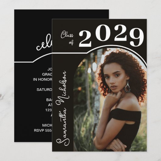 アーチモダント写真卒業ブラック 招待状 (正面/裏面)