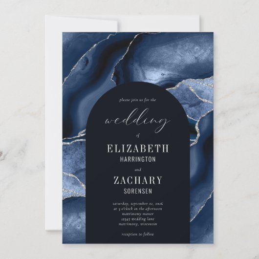 アーチモダンネイビーブルーシルバーアゲート結婚ズ 招待状 (正面)